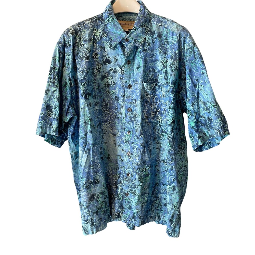 Johari West Mens XLT Batik Shirt Blue Green Tropical Floral Cotton Short Sleeve - Picture 2 of 10